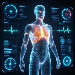 human performance, wireframe body, glowing vector, biosensors,, electrocardiograph, temperature, eye tracking, detailed, octane render, global illumination, future science, gauges and dials, dashboard