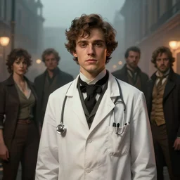 portrait of a young person named percy toplis dressed as a 1 8 8 0 s doctor, nicoletta ceccoli, mark ryden, lostfish, hyung tae, frank frazetta, depth of field, detailed and intricate foggy london evening environment, 8 k resolution, hyperrealistic, octane render