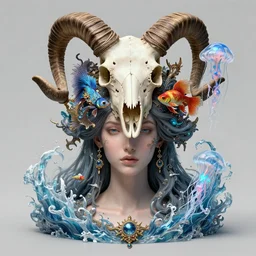 goddess macro vintage shouler portrait from bottom to top in crown made of ram skull. betta fish, jellyfish phoenix, plasma, ice, water, wind, creature, super intricate ornaments artwork by tooth wu and wlop and beeple and greg rutkowski and alexander fedosav
