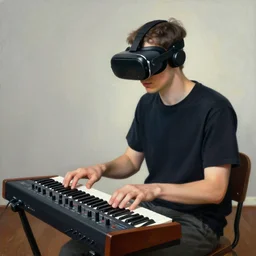 young man with vr glasses wearing brain - interface plays a modular synthesizer. painted by francis bacon, hieronymus bosch