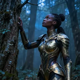 hyperrealistic digital art very beautiful! black woman with detailed exoskeleton armor, touching tree, in a forest, brad kunkle elson peter, dramatic blue light low angle hd 8k sharp focus