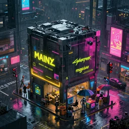 cyberpunk box city. street view. max hay. digital render. digital painting. night. raining. rain. neon. road signs. traffic lights. cables. advertisements. stalls. umbrella. robot. dangiuz.