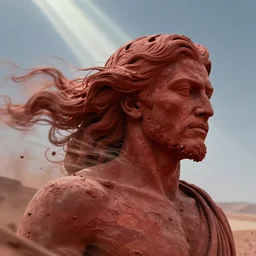 cinematic still of a gust of wind blowing red clay sculpture of 30 year old middle eastern man head and shoulders in a human head and shoulders, strong, muscular, mysterious, fantastical, miraculous, epic, light rays, cinematic, Biblical epic directed by Steven Spielberg