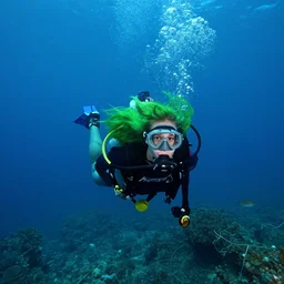 green haired girl at the bottom of the ocean. image taken by deep sea divers.
