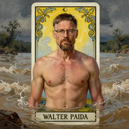 a dramatic, epic, ethereal painting of a handsome shirtless walter white | background is a torrential flooding river | tarot!! card, art deco, art nouveau | by Mark Maggiori | trending on artstation