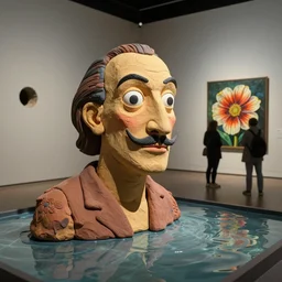 plasticine sculpture stop motion. salvador dali clay models. gallery painting of flower. water floor. visitors. room with a small hole in wall. john craxton. high detail. photorealistic
