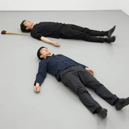 a chinese person laying flat on the floor by daniel johnston and peter doig, line brush, minimal, 4 k, very detailed, hyperrealistic