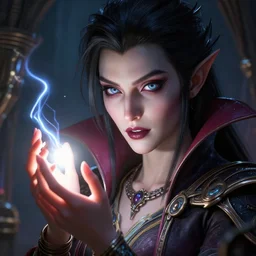 beautiful vampire, wonderful eyes, three - dimensional rendering, hyperrealistic detailed portrait holding light and electricity, ruan jia, clap. scifi, fantasy, magic the gathering, over - detailed, octane rendering, concept art by artgerm, peter murbacher, detailed and complex environment