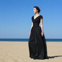 woman in black dress on the beach, blue sky, leyendecker style