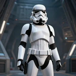 female stormtrooper supermodel posing in front of deathstar interior, wearing stormtrooper armor, octane render, 8 k high resolution image, cinematic, cgsociety, artstation, artwork by artgerm, wlop, greg rutkowskiand