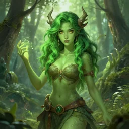 character art by greg rutkowski, young woman, green hair, green skin, nature powers, 4 k, arstation, trending