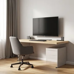 a room with a desk and a chair and a television, a 3 d render by chris labrooy, artstation, photorealism, rendered in unreal engine, artstation hq, physically based rendering