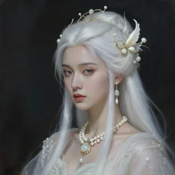 a beautiful painting of jeremy mann, actor shu qi as a beautiful white haired princess, adorned with ivory jewelry, elegant, ethereal, ominous, dramatic lighting, 8 k