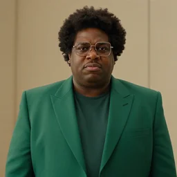 film still of hermes conrad, a short fat black man with frizzy hair and square glasses wearing a green suit in the new scifi movie, 4 k