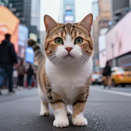 photo of an anthropomorphic cat, standing in time square, highly realistic, hyperrealistic, hyperdetailed, anime, artstation