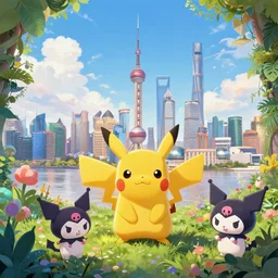 3 d, hyperrealism art glamorous sci - fi poster, a panoramic view of shanghai full of pikachu and kuromi, beautiful whimsical botanical illustration, by android jones and greg rutkowski, digital matte painting, ghibli style, golden ratio