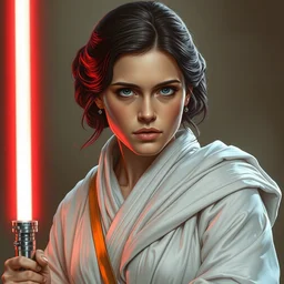 portrait of young carrie fisher as a surly and determined beautiful princess leia clothed in white silk robe and silver metal belt,, holding her light saber, neutral expression, by greg rutkowski and john collier and krenz cushart and artem demura and alphonse mucha and albert aublet, as seen on artstation, 4 k, star wars, very aesthetic, very detailed, intricate, unreal, fantasy, dramatic, painterly, artstation, sharp focus, smooth