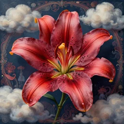 lilie flower with clouds : : by martine johanna and simon stalenhag and chie yoshii and casey weldon : : pintrest, behance, ornate, dynamic, particulate, rich colors, intricate, elegant, highly detailed, vogue, harper's bazaar art, fashion magazine, smooth, sharp focus, 8 k, octane render