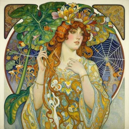 an insanely detailed oil painting of a woman, intricate detailed big leaves, flowers, spiderweb, mycelia, by ruan jia, fantasy, hyper detailed, colorfull, intense colors, concept art, by greg rutkowski, by alphonse mucha, by moebius