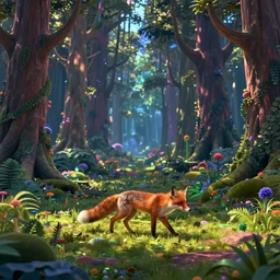 a single realistic fox, walking through a psychedelic forest, wide angle landscape shot, pixar style by tristan eaton, artgerm and tom bagshaw