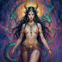 gaia sophia priestess of timeless wisdom, sublimely mystically attractive hindu cyberpunk chaos deity female barely clothed future space pirate kali goddess. dragon born assassins of the mystic unity, future jewelry, little clothing, alien glyph tattoo, hindu piercings, psychedelic fractal background, illustrative character design, concept art, tales of earthsea, sky witch, colorful, matte painting, soft illumination, painting by gaston bussiere, craig mullins, j. c. leyendecker, tom of finland