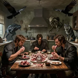 two men eating meat in an old kitchen with a dead alien autopsy happening on the table with crows flying around the room and a wolf in the room by hr giger, greg rutkowski, luis royo and wayne barlowe as a diablo, resident evil, dark souls, bloodborne monster : : hyper realistic, ultrarealistic, realism, photoreal, 8 k : :