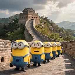 The Minions, walking in a single file line, on the Great Wall of China, photo realistic