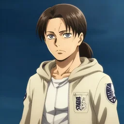 portrait of a man in his late twenties with longish brown hair tied back, widows peak and a round face wearing a hoody in the style of attack on titan, digital art