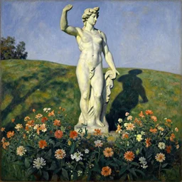statue colossus flower garden on hills by henri rousseau masterpiece shadows and highlights mucha beksinski