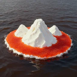 an island made of red caviar, in the center of the island there are mountains made of white ice cream, the water around this island is made of coca - cola ( dark brown water ), the photo was taken from a boat, 3 5 mm, cinematic