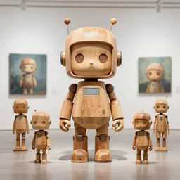 8 k photorealistic a wooden statue cute robot wooden cyberpunk concept art contemporary art gallery art by shimoda hikari