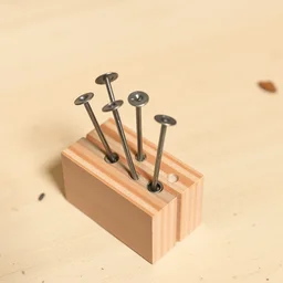 photo of a few metal nails hammered halfway into a small block of wood, on a table.