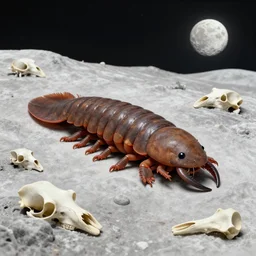 huge woodlouse, axolotl, bones of dead animals, a landscape on the moon with many craters, tea terraces, a beautiful flowering garden, a lot of exotic vegetations, trees, intricate detaild, pale colors, 8 k, in the style of pavel filonov and martin johnson heade and roger dean