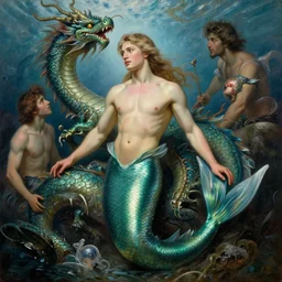 attractive male mermaid, surrounding by a sea dragon, highly detailed painting by gaston bussiere, craig mullins, j. c. leyendecker, 8 k
