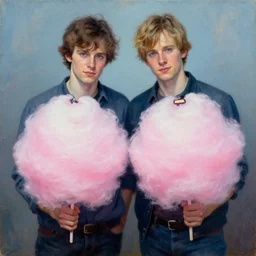 rhett and link, cotton candy randy, award winning, oil painting, fantasy, greg rutowski