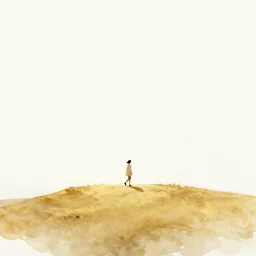 beautiful serene walk to the top of the hill to see the wast horizon, healing through motion, life, minimalistic golden and ink airbrush painting on white background, pristine dream