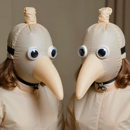 1979 twin women on tv show wearing an inflatable mask long prosthetic snout nose with googly eyes, soft color wearing a swimsuit at the beach 1979 color film 16mm holding a hand puppet Fellini John Waters Russ Meyer Doris Wishman old photo