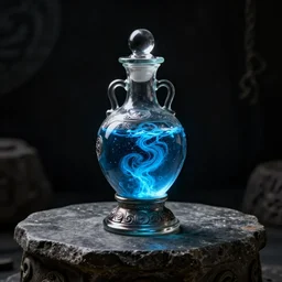 spirit potion containing swirling glowing blue liquid, ancient beautiful intricate glass bottle, on an ancient gray stone table, black-background!!!!!!!, ominous lighting, fantasy, CGI, octane render, 8k