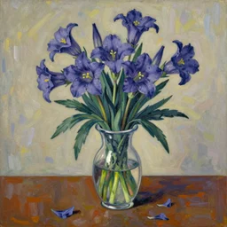 tonemapped still life bavarian gentians in vase on table by seb mckinnon, yoshitaka amano, fauvism