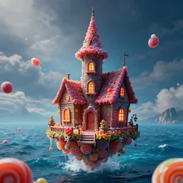 a witches house made out of candy floating on the ocean, epic scene, fantasy, cinematic, redshift render, cgi, hyper - detailed, photo - bash, 8 k post - production, masterpiece