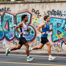 two persons running a marathon, graffiti