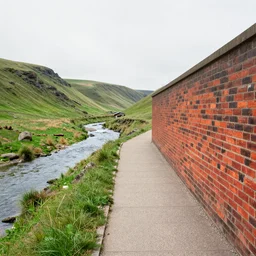 a view from a pathway on a cliff of a small river and grassy valley with a brick wall along it. the grass is very green and detailed