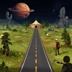 next to a road leading to a remote outpost, on an alien planet, from a space themed point and click 2 d graphic adventure game, set design inspired slightly by hg giger and tomb raider, art inspired by thomas kinkade and bill alexander