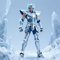full shot of knight inspired by Saint Seiya, wearing ice Armor, frozen scène, high détails, octane render, volumetric lighting