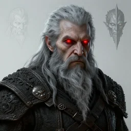 a digital art portrait of an old pale warrior with glowing red eyes and grey beard character design from dark souls, old inquisition character sheet, 4 k, ultra detail, volumetric lighting, unreal engine, octane render