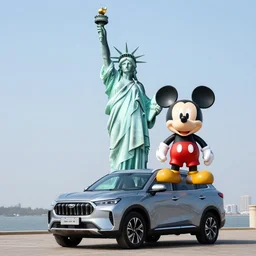 mahindra xuv 7 oo on top of the statue of liberty with a big mickey mouse statue next to it