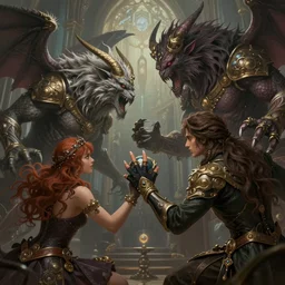 magic the gathering commanders and frightening beast fight, magnificent, close up, details, sharp focus, elegant, highly detailed, illustration, by Jordan Grimmer and greg rutkowski and PiNe and Imoko and wlop and maya takamura, intricate, beautiful, Trending artstation, pixiv, digital Art.
