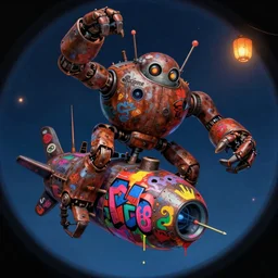 memorable animation key shot, night, fish eye lens, climbing up the rusty crab robot submarine schwerer gustav!!!! covered in bold grafitti, midnight, lanterns, paint drip, colorful murals, studio ghibli, pixar, disney concept art illustration by craig mullins, dean cornwell, nc wyeth, satoshi kon!