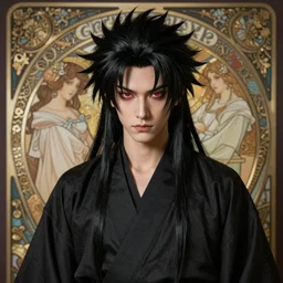 mazoku martial artist, handsome japanese demon boy, young adult yokai with long spiky black hair, vampiric skin, vantablack gi, red eyes, ultra realistic, intricate details, highly detailed, subsurface scattering, photorealistic, octane render, 8 k, art by artgerm, greg rutkowski, magali villeneuve, alphonse mucha
