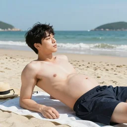Photo of a young pregnant Korean man at the beach sunbathing